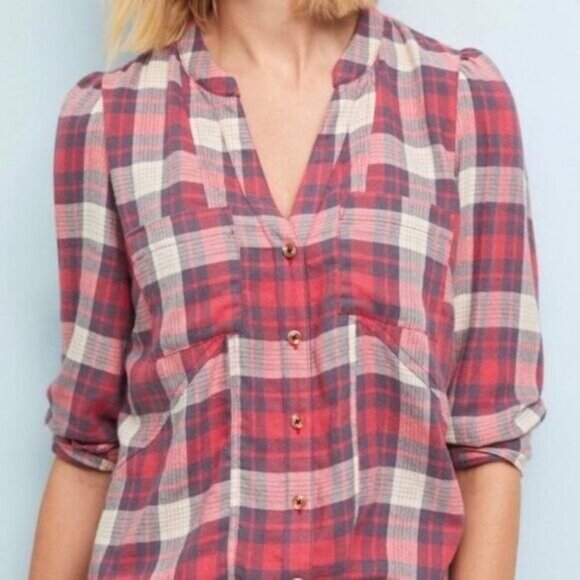 Anthropologie Red Medford Plaid  Flannel Tunic Button Down Shirt Women’s Sz 2 - Picture 4 of 8